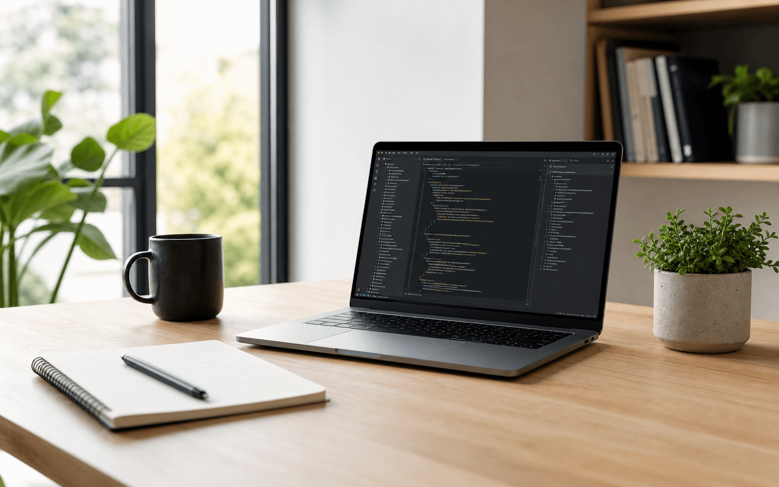 Clean software engineering workspace with a laptop and notebook
